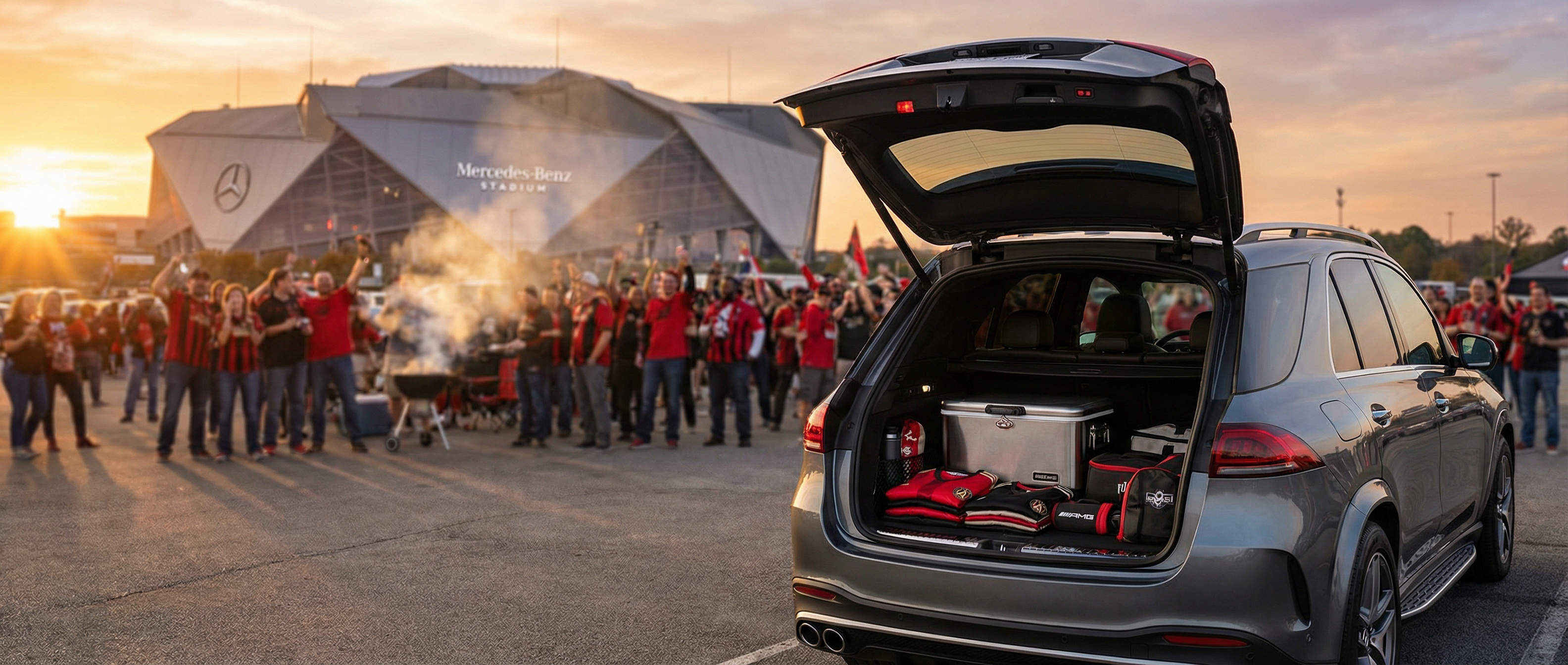 Mercedes-Benz SUVs for Atlanta United match parking and tailgating in Duluth, GA